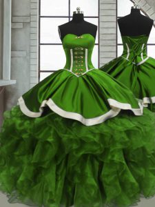 Chic Green Quinceanera Gown Sweet 16 and Quinceanera with Beading and Ruffles and Ruching Sweetheart Sleeveless Lace Up