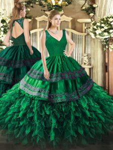 Dark Green Organza Backless V-neck Sleeveless Floor Length Quince Ball Gowns Beading and Lace and Ruffles