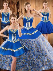 Glamorous Multi-color Ball Gowns Sweetheart Sleeveless Satin and Fabric With Rolling Flowers With Train Sweep Train Lace Up Embroidery Vestidos de Quinceanera