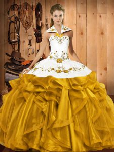 Luxurious Embroidery and Ruffles 15 Quinceanera Dress Gold Lace Up Sleeveless Floor Length