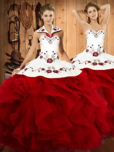 Wine Red Sleeveless Satin and Organza Lace Up 15 Quinceanera Dress for Military Ball and Sweet 16 and Quinceanera