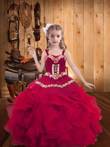 Pretty Red Straps Lace Up Embroidery and Ruffles Pageant Dress for Girls Sleeveless