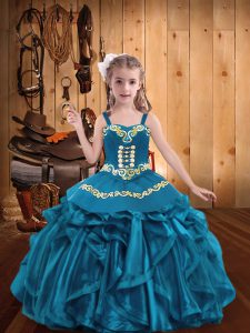 Teal Ball Gowns Straps Sleeveless Organza Floor Length Lace Up Embroidery and Ruffles Pageant Gowns