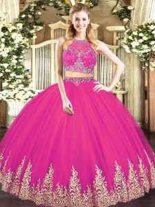 Floor Length Zipper Sweet 16 Dress Hot Pink for Military Ball and Sweet 16 and Quinceanera with Beading and Appliques
