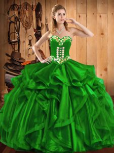 Low Price Green Sweetheart Neckline Embroidery and Ruffles Quince Ball Gowns Sleeveless Lace Up