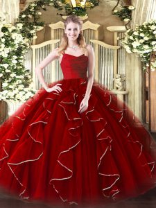Glamorous Wine Red Ball Gowns Organza Straps Sleeveless Ruffles Floor Length Zipper Quinceanera Gowns