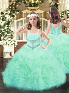 Sleeveless Organza Floor Length Lace Up Kids Pageant Dress in Apple Green with Beading and Ruffles and Pick Ups