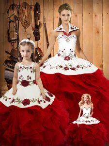 Sleeveless Satin and Organza Floor Length Lace Up 15th Birthday Dress in Wine Red with Embroidery and Ruffles