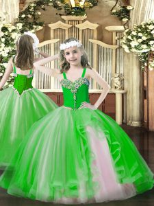 Custom Fit Green Tulle Lace Up Straps Sleeveless Floor Length Little Girls Pageant Dress Beading