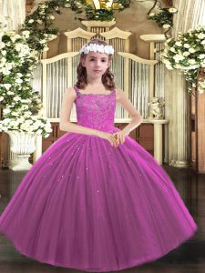 Floor Length Purple Little Girl Pageant Gowns Straps Sleeveless Lace Up