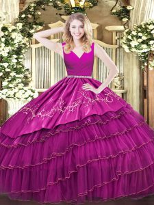 Satin and Organza V-neck Sleeveless Zipper Embroidery and Ruffled Layers 15 Quinceanera Dress in Fuchsia