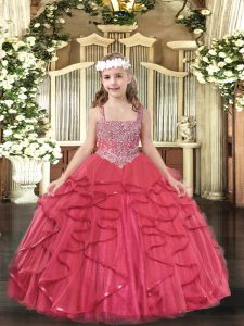 Custom Fit Coral Red Lace Up Little Girl Pageant Dress Beading and Ruffles Sleeveless Floor Length