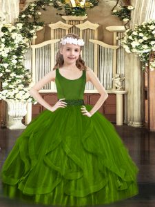 Fashionable Olive Green Scoop Neckline Beading and Ruffles Glitz Pageant Dress Sleeveless Zipper