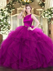Top Selling Fuchsia Scoop Clasp Handle Ruffles Quinceanera Gown Sleeveless