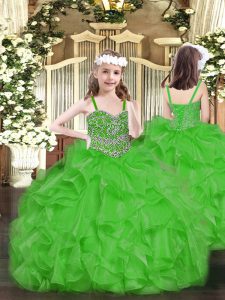 Green Sleeveless Floor Length Beading and Ruffles Lace Up Evening Gowns