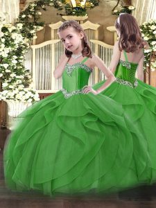 Floor Length Green Pageant Gowns For Girls Tulle Sleeveless Beading and Ruffles