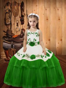 Straps Sleeveless Pageant Gowns For Girls Floor Length Embroidery and Ruffled Layers Green Organza