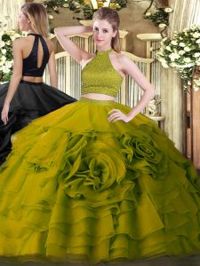 Glorious Floor Length Olive Green Vestidos de Quinceanera Halter Top Sleeveless Backless