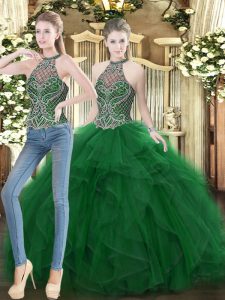 Simple Organza High-neck Sleeveless Lace Up Beading and Ruffles Vestidos de Quinceanera in Dark Green