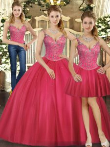 Edgy Hot Pink Sleeveless Tulle Lace Up Sweet 16 Dresses for Military Ball and Sweet 16 and Quinceanera