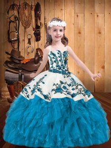 Baby Blue Sleeveless Embroidery and Ruffles Floor Length Child Pageant Dress