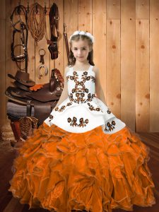 Sleeveless Floor Length Embroidery and Ruffles Lace Up Little Girl Pageant Gowns with Orange