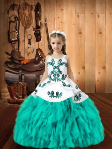Custom Designed Aqua Blue Pageant Dress for Girls Sweet 16 and Quinceanera with Embroidery and Ruffles Straps Sleeveless Lace Up