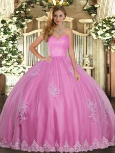 High Class Floor Length Rose Pink Quinceanera Gown Tulle Sleeveless Beading and Appliques