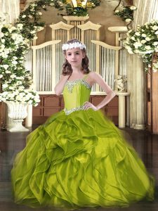 Customized Olive Green Sleeveless Floor Length Beading and Ruffles Lace Up Kids Formal Wear