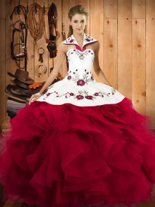 Delicate Tulle Halter Top Sleeveless Lace Up Embroidery and Ruffles Sweet 16 Dress in Red