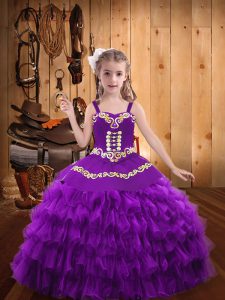 Purple Ball Gowns Straps Sleeveless Organza Floor Length Lace Up Beading and Embroidery and Ruffled Layers Evening Gowns