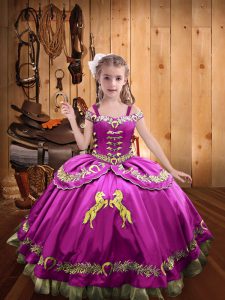 Sleeveless Floor Length Beading and Embroidery Lace Up Child Pageant Dress with Fuchsia