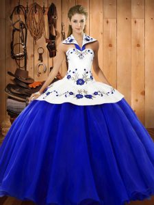 Elegant Blue And White Sleeveless Embroidery Floor Length Ball Gown Prom Dress