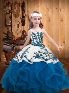 Unique Blue Ball Gowns Embroidery and Ruffles Kids Pageant Dress Lace Up Organza Sleeveless Floor Length