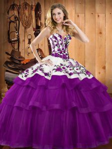 Sweetheart Sleeveless Sweet 16 Dress Floor Length Embroidery and Ruffles Purple Tulle
