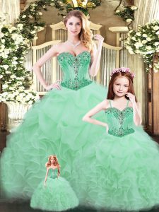Cute Apple Green Tulle Lace Up Quince Ball Gowns Sleeveless Floor Length Beading and Ruffles