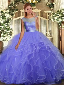 Vintage Lavender Tulle Backless Scoop Sleeveless Floor Length Quinceanera Gown Lace and Ruffles