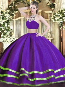Cheap Purple Backless High-neck Beading Quinceanera Gown Tulle Sleeveless
