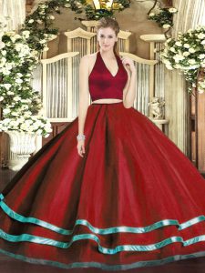 Luxurious Floor Length Wine Red 15th Birthday Dress Halter Top Sleeveless Zipper
