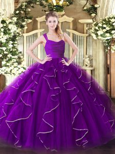 Modest Purple Quinceanera Gown Military Ball and Sweet 16 and Quinceanera with Ruffles Straps Sleeveless Zipper