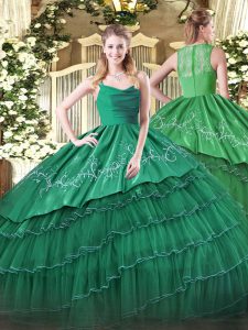 Dark Green Straps Neckline Embroidery and Ruffled Layers Quinceanera Dresses Sleeveless Zipper