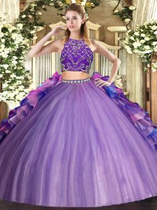 Two Pieces Sweet 16 Quinceanera Dress Multi-color High-neck Tulle Sleeveless Floor Length Zipper