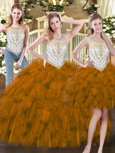 Organza Scoop Sleeveless Zipper Beading and Ruffles Quince Ball Gowns in Brown