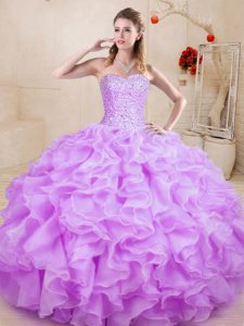 Most Popular Lilac Ball Gowns Beading and Ruffles 15th Birthday Dress Lace Up Organza Sleeveless Floor Length
