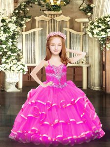Dazzling Hot Pink Organza Lace Up Spaghetti Straps Sleeveless Floor Length Little Girls Pageant Gowns Beading and Ruffled Layers