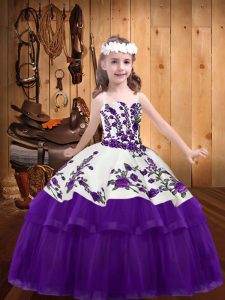 Straps Sleeveless Pageant Dresses Floor Length Embroidery Purple Organza