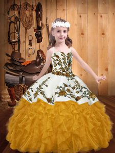 Low Price Gold Organza Lace Up Kids Formal Wear Sleeveless Floor Length Embroidery and Ruffles