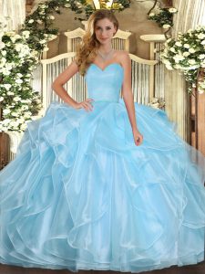 Latest Aqua Blue Ball Gowns Ruffles Quinceanera Gowns Lace Up Organza Sleeveless Floor Length