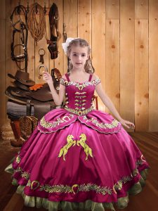 Off The Shoulder Sleeveless Little Girl Pageant Dress Floor Length Beading and Embroidery Hot Pink Satin