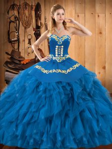 Affordable Blue Lace Up Sweet 16 Dresses Embroidery and Ruffles Sleeveless Floor Length